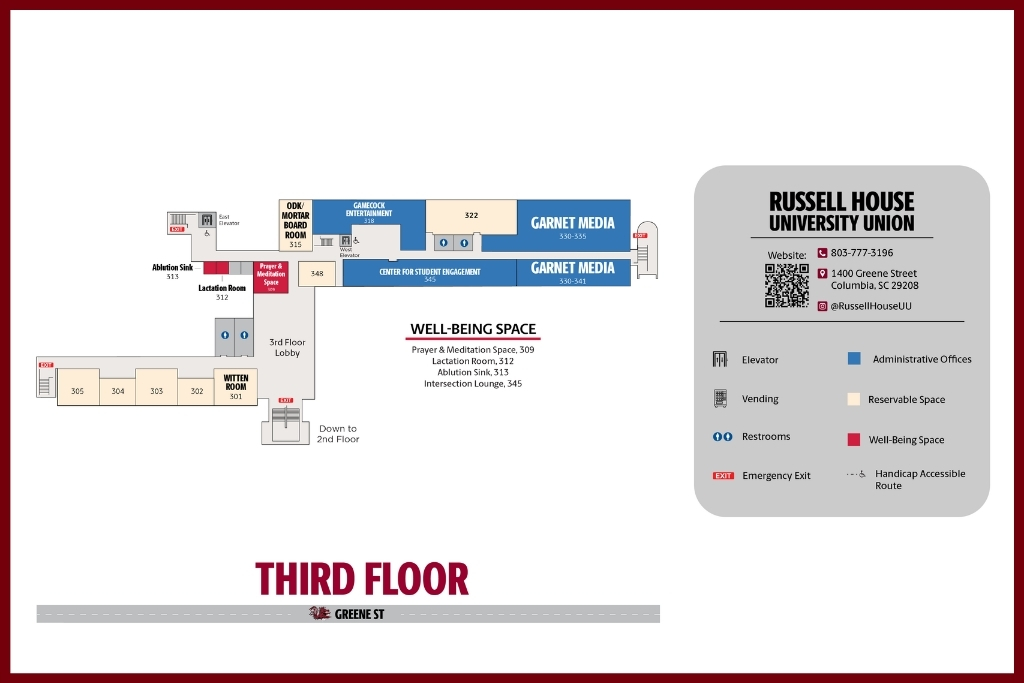 Third floor RH map showing meeting rooms, Prayer and meditation space, 3rd floor lobby, CSE, Garnet Media, Gamecock Entertainment, Lactation room, and Ablution sink with Garnet border. 