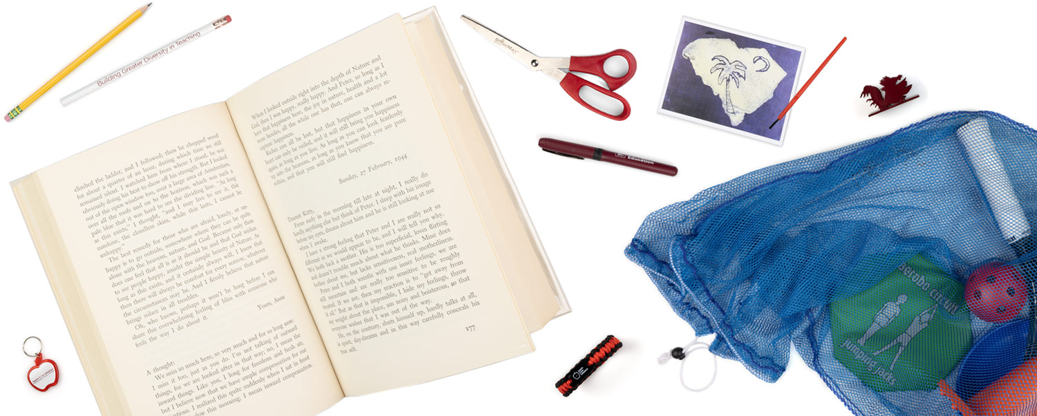 Various items related to the College of Education displayed on a white background.