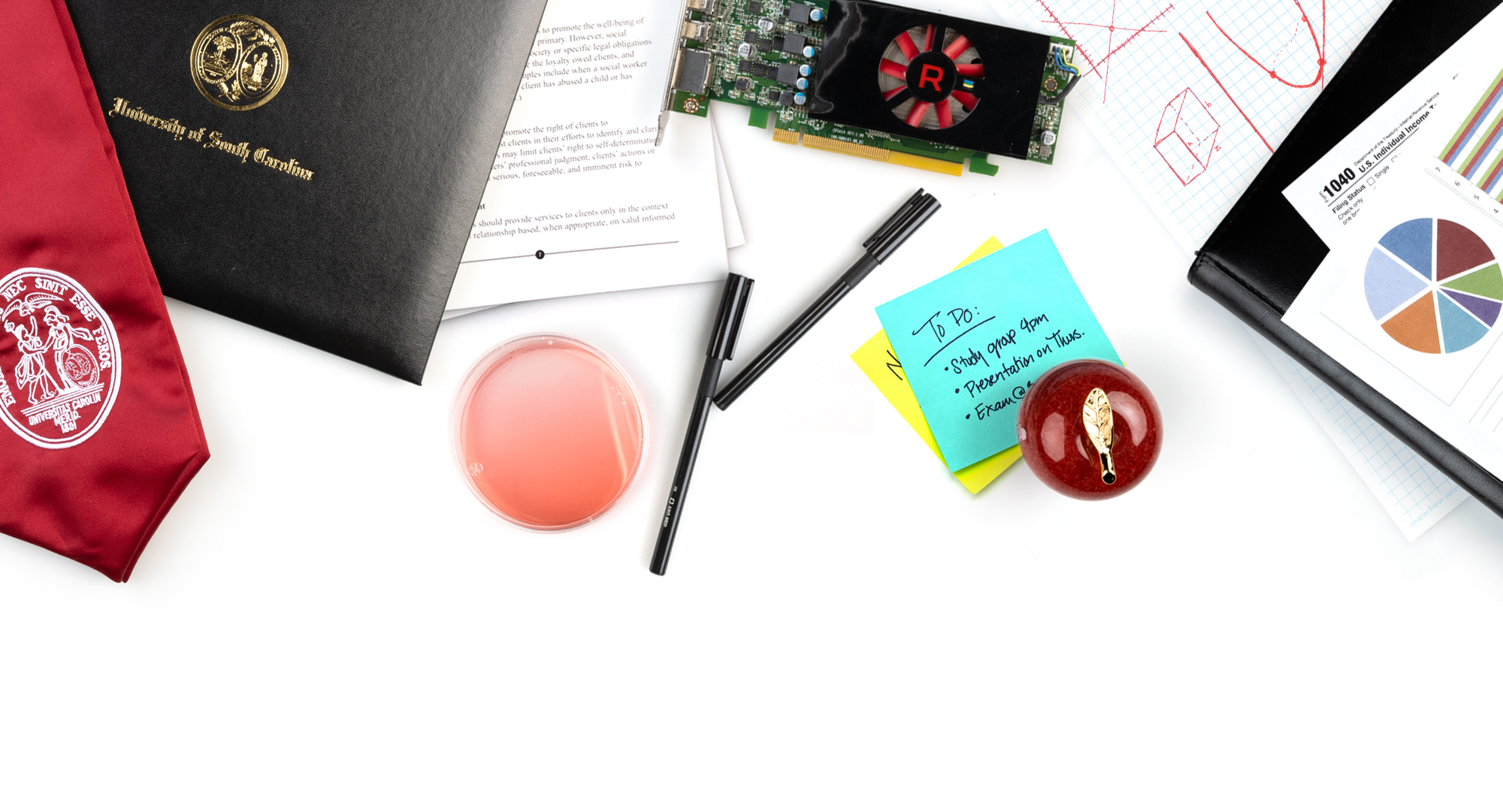 Various items related to the Graduate school displayed on a white background.