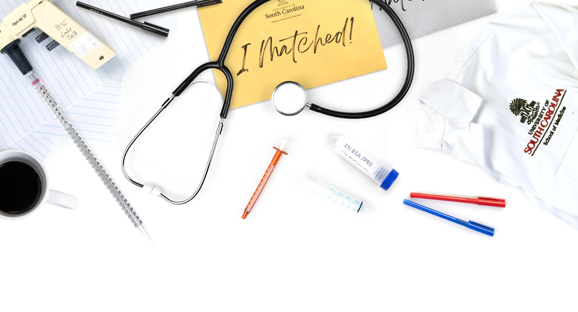Various items related to the School of Medicine Columbia displayed on a white background.
