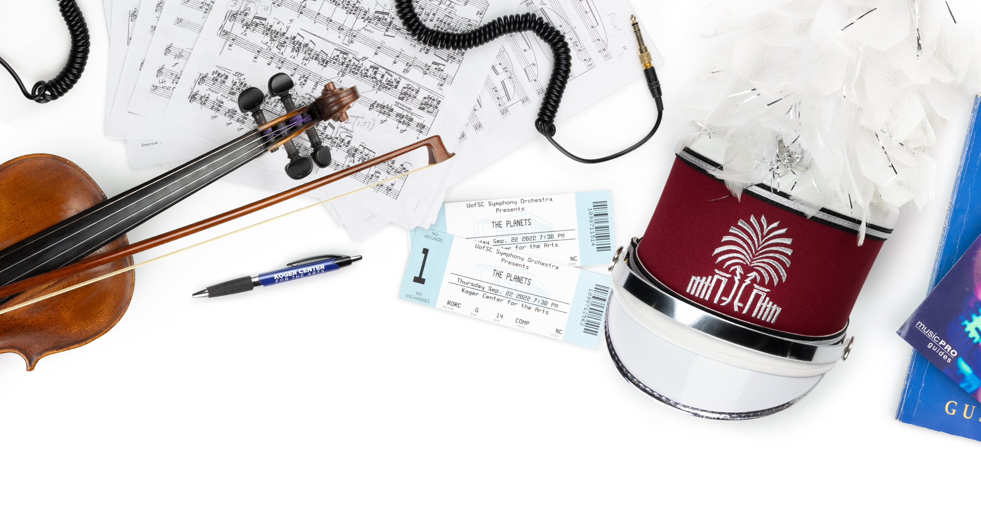 Various items related to the School of Music displayed on a white background.