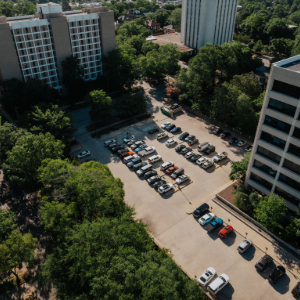 View of a parking lot and parking garage on the USC campus.