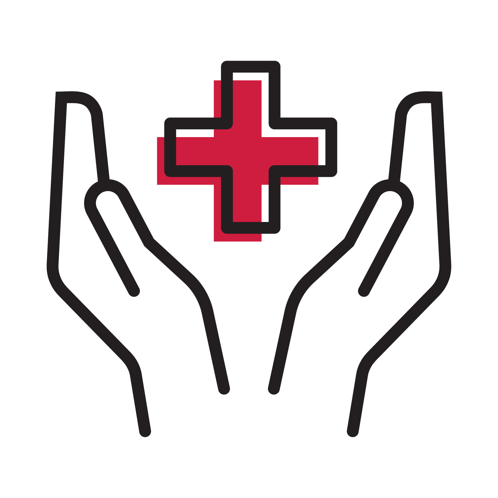 drawing of two hands around a red cross